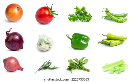 mix set collection vegetable fresh isolated on white background onion tomato Pea parsley chili pepper  