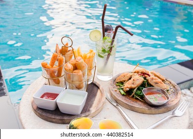 Mix Snack Break With Margarita Cocktail Near The Swimming Pool In Relax Time.