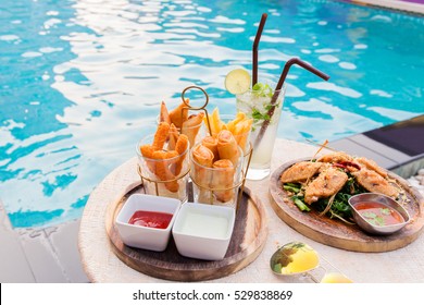 Mix Snack Break With Margarita Cocktail Near The Swimming Pool In Relax Time.