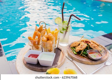 Mix Snack Break With Margarita Cocktail Near The Swimming Pool In Relax Time.