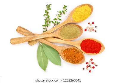 mix of spices in wooden spoon isolated on a white background. Top view. Flat lay. Set or collection - Shutterstock ID 1282263541