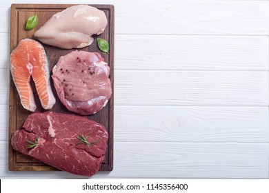 Mix Of Steak Meat : Salmon , Beef , Pork And Chicken