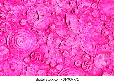 Mix Of Summer Red And Rose, Pink Hawaiian Flowers, Floral Pattern With Tropical Blooms, Abstract Art Work Painting, Embossing ,carving 