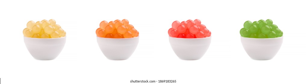 Mix tapioca pearls for bubble tea isolated on white background. Tapioca pearls in bowl.