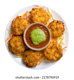 Mix Veg Pakora With Tomato Mint Sauce Isolated On White Background Top View