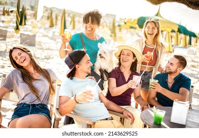 Mixed age family friends with cute dog drinking cocktails at chiringuito beach bar - Friendship life style concept with happy people enjoying time together on summer vacation - Warm bright filter - Powered by Shutterstock