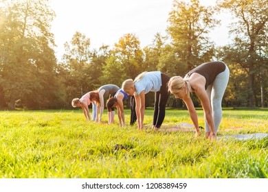 Mixed age group of people practicing yoga outside in the park