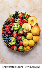 Mixed Berries Flat Lay With Peaches And Kiwis Food Photography