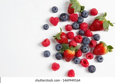 Mixed Berries Strawberry Blueberry Raspberry Tomato  Flat Lay Photo Shooting On Clean White Background