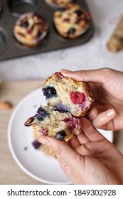 Mixed Berry Low Carb Keto Diet Muffin With Almond And Nut. Set On Cafe Table.