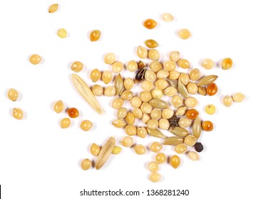 Mixed Bird Seed, Millet Pile Isolated On White Background, Top View And Macro