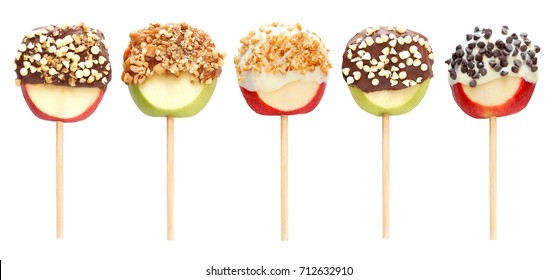 Mixed, Candy Dipped, Apple Lollipops Isolated On A White Background