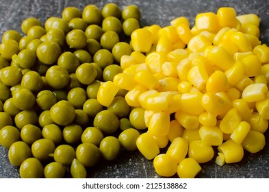 Mixed Canned Veggies, Corn, Green Peas, Close-up.