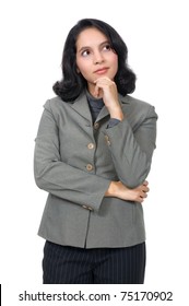 Mixed Caucasian Asian Business Woman, Thinking On Something. Isolated Over White Background