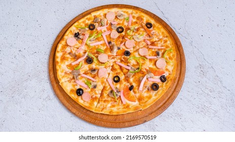 Mixed Chicken Olives Bell Pepper Pizza Isolated Top View