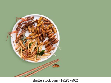 Mixed of crispy worm and insects in a ceramic plate with chopsticks on green background. The concept of protein food sources from insects. It is a good source of protein, vitamin, and fiber.
