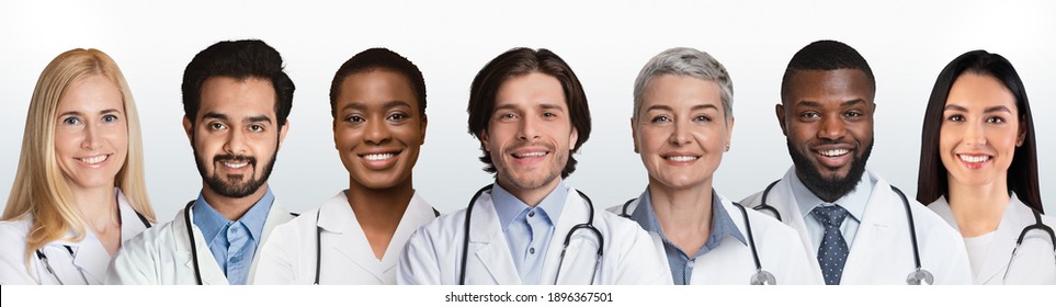 Mixed Doctors Portraits Collage. Multicultural Medical Workers, Physicians And Nurses Posing Smiling To Camera On White Background, Wearing Uniform. Doctor's Career Concept. Headshots Set, Panorama