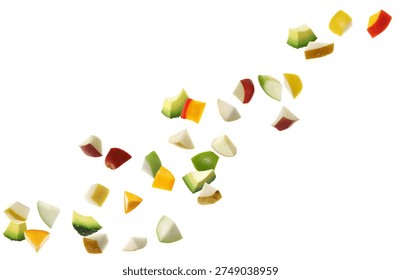 Mixed fresh fruit cubes fall. Red, yellow and green apple pieces, pear, avocado and mango isolated on white background, colorful cocktail texture, clipping path