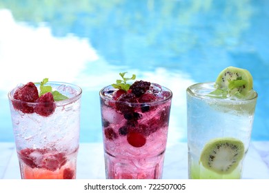 Mixed Friut Italian Soda With Blue  Swimming Pool Background.