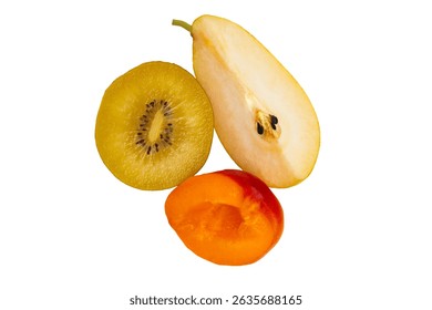 Mixed fruit composition with golden kiwi slice, pear half, and apricot half. Front view, isolated on white background.