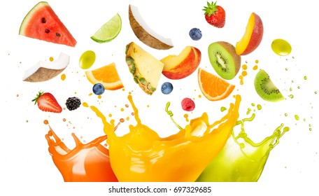 Mixed Fruit Falling In Colorful Juices Splashing 