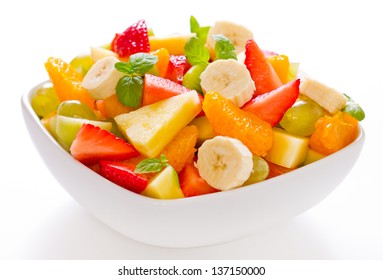 Mixed Fruit Salad In The Bowl On White Background