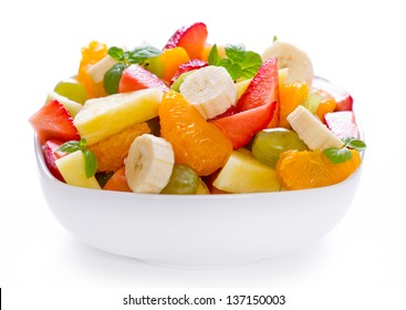 Mixed Fruit Salad In The Bowl On White Background