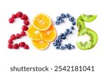 Mixed fruits. New year 2025 made of fruits on the white background. Healthy food