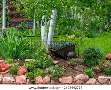 A mixed garden setting bordered by rocks with decorative elements including a wheelbarrow filled with pansies, a variety of flowers herbs and succulents and a Quacking Aspen Tree.