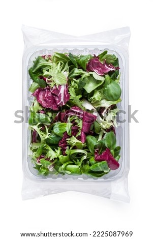 Mixed green salad, Isolated on White Background – Close-Up Macro, plastic Package Wrapped in Clear Plastic - Top View, Macro Close Up