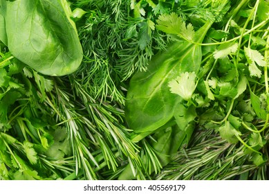 Mixed Greens, Fresh, Garden Herbs.