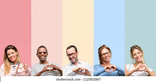 Mixed Group Of People, Women And Men Happy Showing Love With Hands In Heart Shape Expressing Healthy And Marriage Symbol