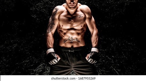 Mixed martial artist posing on a black background. Concept of mma, ufc, thai boxing, classic boxing. Mixed media