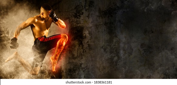 Mixed martial arts fighter (MMA) jumping with a knee kick. Sports banner