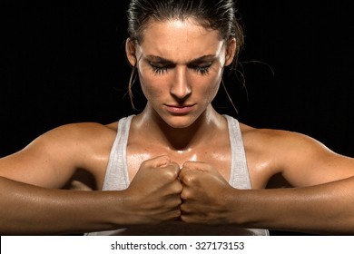 Mixed Martial Arts Fighter Woman Gym Athlete Close Up Focused Meditating Conceptual