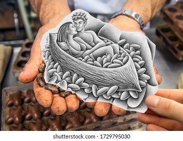 Mixed media collage showing hand  held piece paper and pencil drawing it depicting man   woman laying inside cocoa pod full cocoa beans in and hands in the photo background