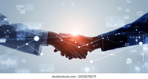 Mixed media of group of people shaking hands and communication network concept. Management strategy. Marketing. Wide angle visual for banners or advertisements. - Powered by Shutterstock