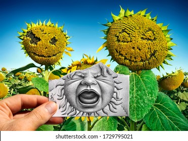 Mixed Media Image Showing A Hand-held Piece Of Paper With A Pencil Sketch Depicting A Sunflower-shaped Baby Face Screaming With Scary Looking Sunflowers In The Photo Background