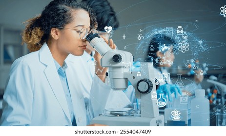 Mixed media of people experimenting in laboratory and science technology concept.