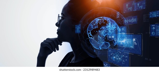 Mixed media of profile silhouette of thinking black woman and science technology concept.
