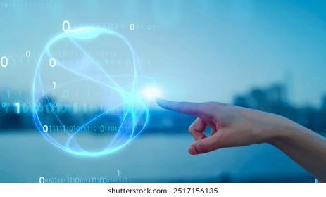 Mixed media of woman touching a sphere and digital technology concept. - Powered by Shutterstock - Get 15% off with code: PIKWIZARD15