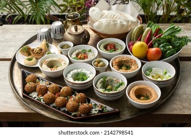 Mixed Middle Eastern Meze Vegetarian Food Sharing Platter In Istanbul Turkish Restaurant