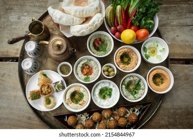 Mixed Middle Eastern Meze Vegetarian Food Sharing Platter In Istanbul Turkish Restaurant