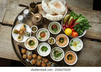 Mixed Middle Eastern Meze Vegetarian Food Sharing Platter In Istanbul Turkish Restaurant