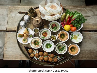 Mixed Middle Eastern Meze Vegetarian Food Sharing Platter In Istanbul Turkish Restaurant