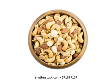 Mixed Nuts In A Bowl Wooden  Isolated On White Background Top View.