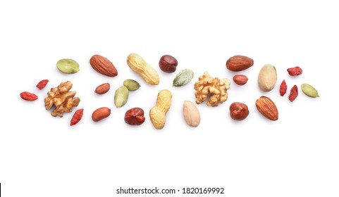 Mixed Nuts Isolated On White Background. Top View.