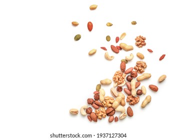 Mixed Nuts Isolated On White Background. Top View. Copy Space.