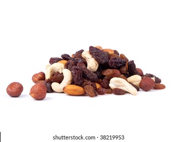 Mixed Nuts And Raisins Isolated On White