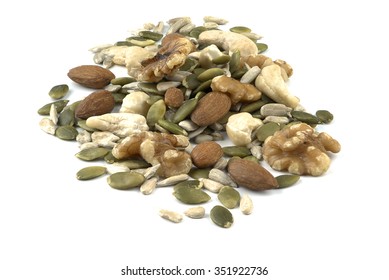 Mixed Nuts And Seeds As Low Carp Super Food On White Background